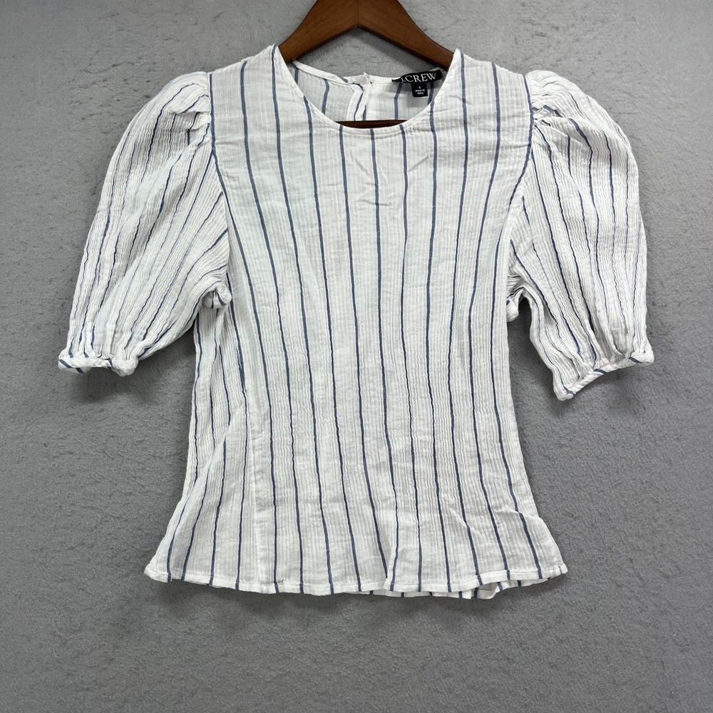 J Crew Puff Sleeve Blouse Womens Small White Blue Stripe Button Back Seersucker